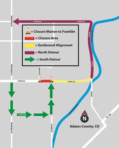 Project map showing area of road closure, detour routes and eastbound only alignment. 